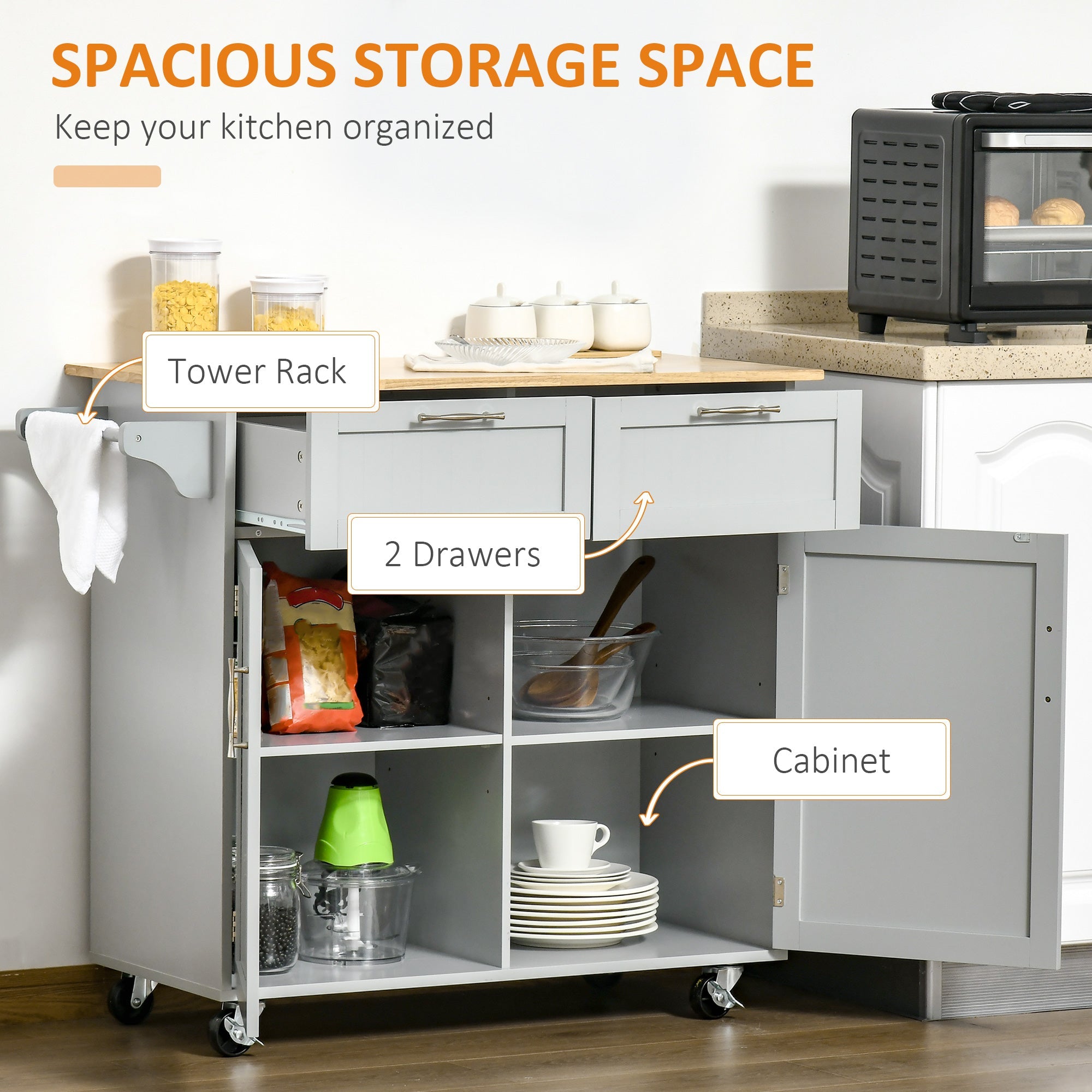 HOMCOM Grey Mobile Kitchen Island: Rubber Wood Top Cart with Storage Drawers, Cabinet & Towel Rack 