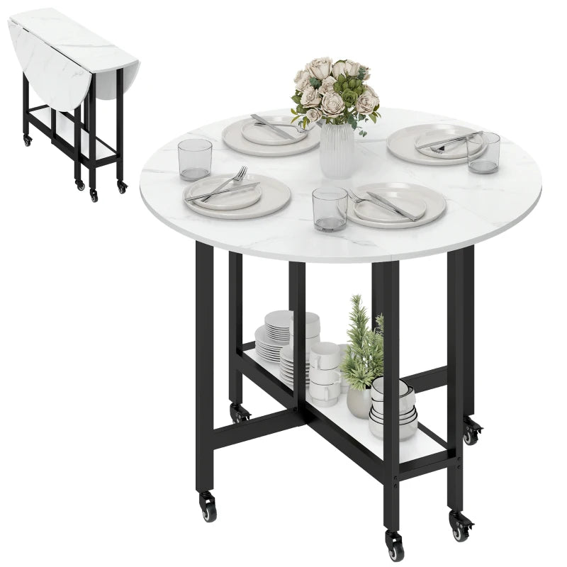 Folding Dining Table, Drop Leaf Table with Open Shelf, Rolling Kitchen Table for Dining Room, Small Spaces, White Marble