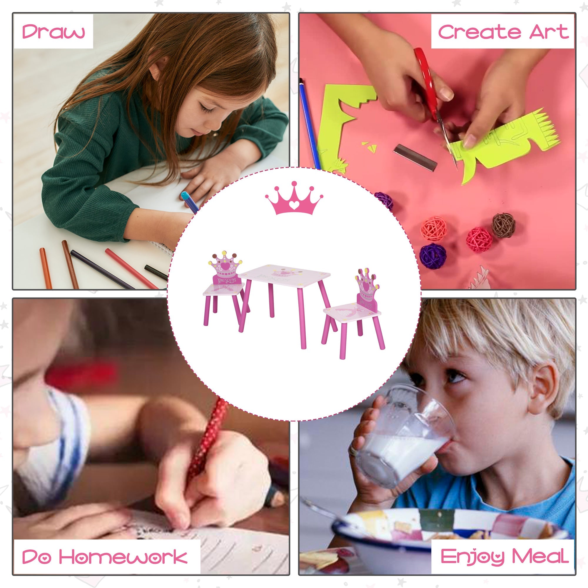 Qaba Petite Princess: 3-Piece Wooden Table and Chair Set with Crown Pattern, Pink Finish for Girls 