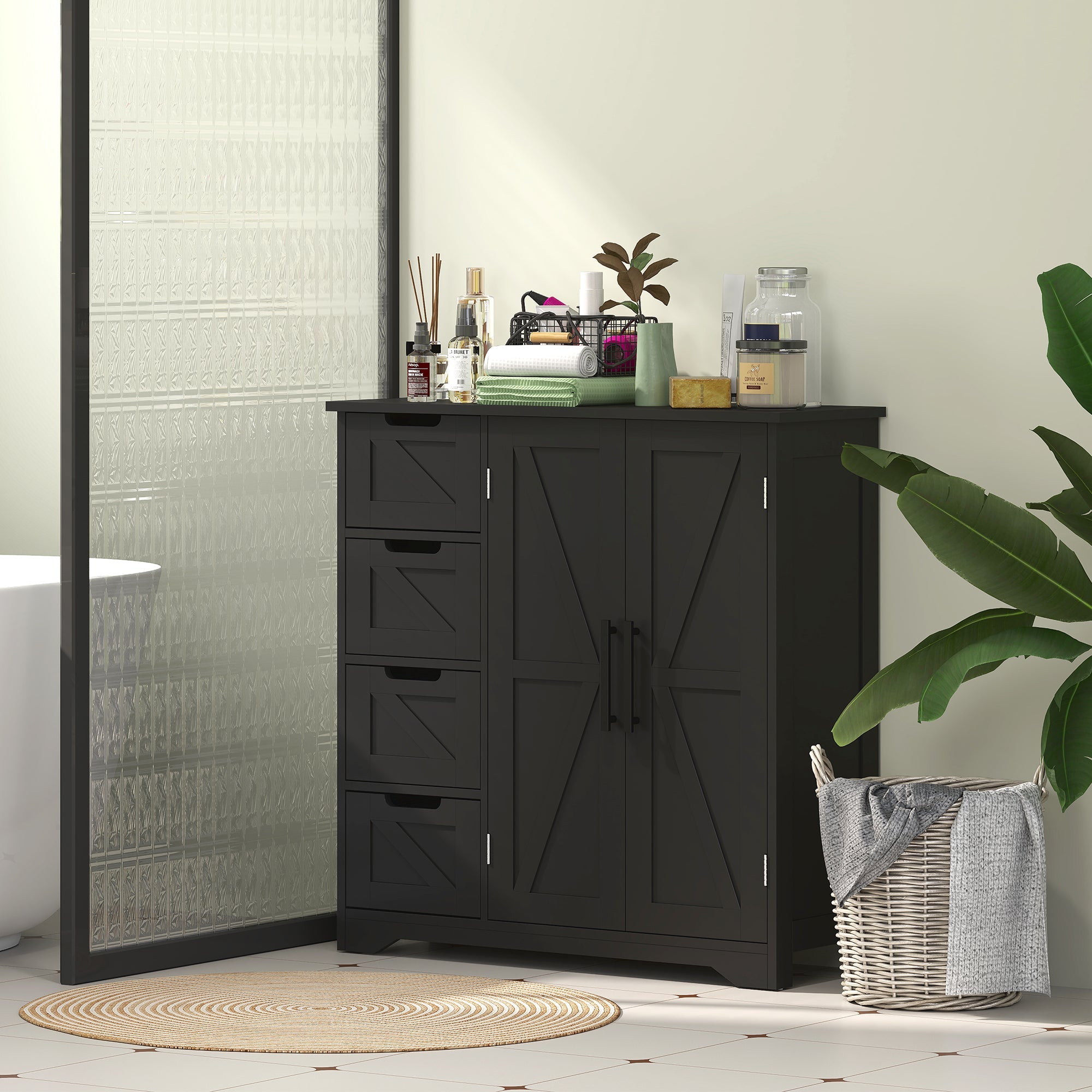 HOMCOM Bathroom Floor Cabinet, Farmhouse Bathroom Storage Cabinet with Adjustable Shelf, Black 