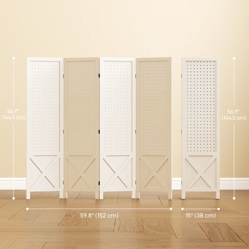 56.9" 4 Panel Wooden Room Divider with Pegboard Display, Folding Privacy Screen for Home Office, White