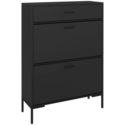 HOMCOM Modern Shoe Cabinet Storage 12 Pair Shoe Organizer with 2 Flip Doors Drawer and Adjustable Shelf Black 