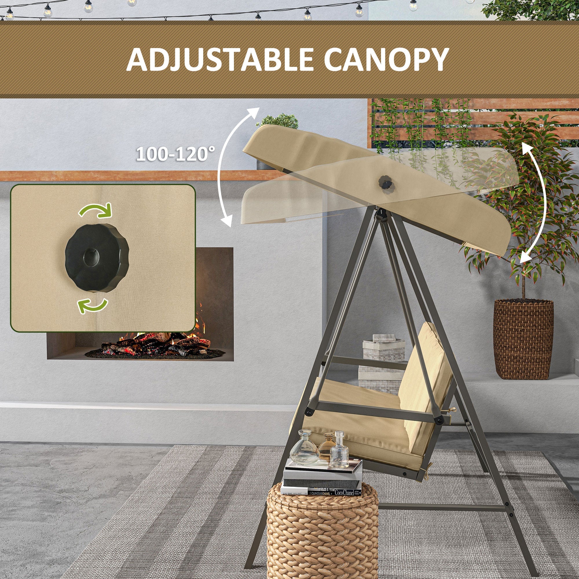 Outsunny 3 Seater Patio Swing Chair, Porch Swing with Adjustable Canopy and Removable Cushions, Outdoor Swing Seat, Beige 