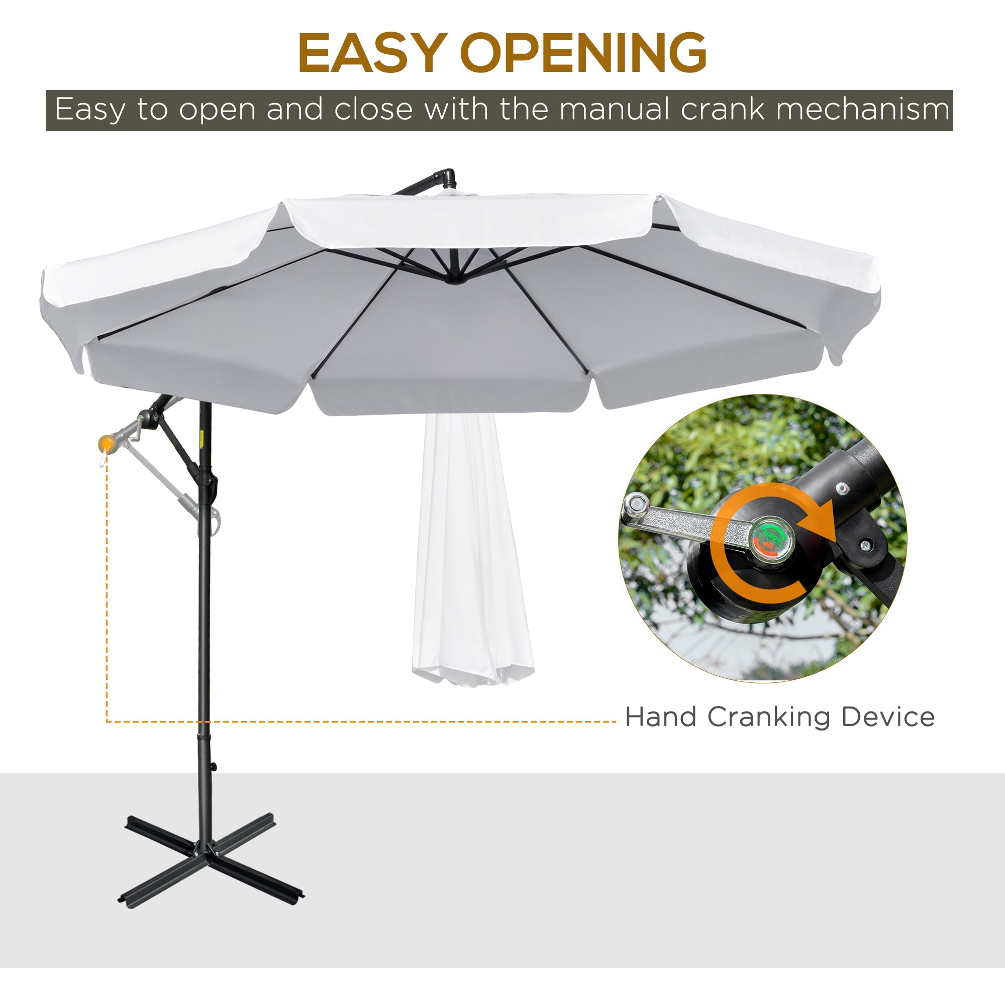Outsunny 11FT White Offset Patio Umbrella Cantilever Easy Tilt Cross Base 8 Ribs Sun Shade for Garden 
