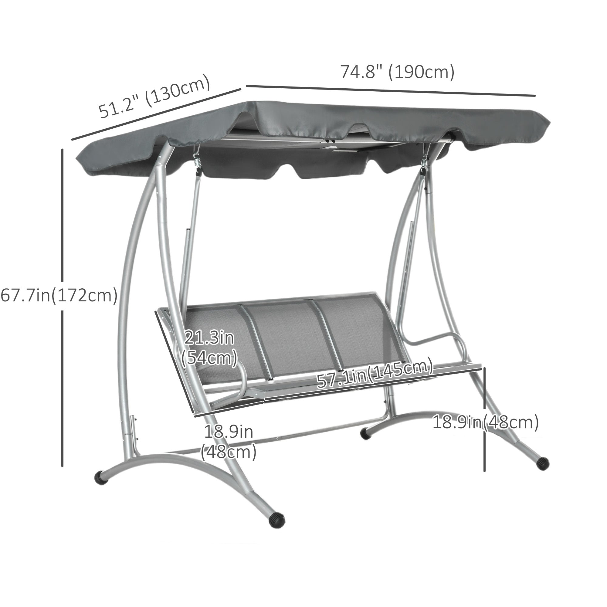 Outsunny 3 Person Patio Swing Seats with Adjustable Canopy Outdoor Swing Chair Bench for Garden, Poolside, Dark Grey 