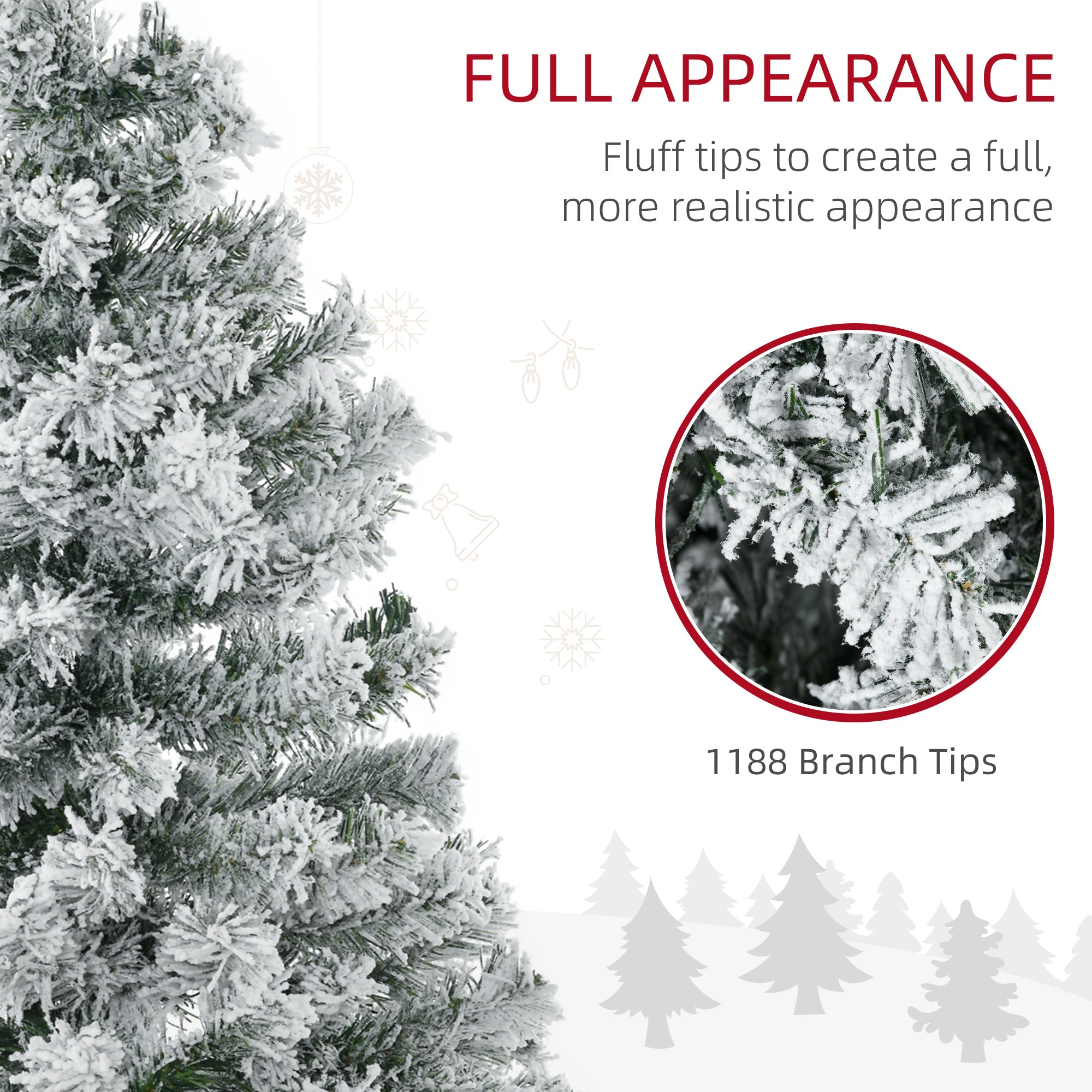 HOMCOM 7.5ft Artificial Prelit Christmas Tree with Warm White LED Light, Snow Flocked Branches, Metal Base, Xmas Tree 