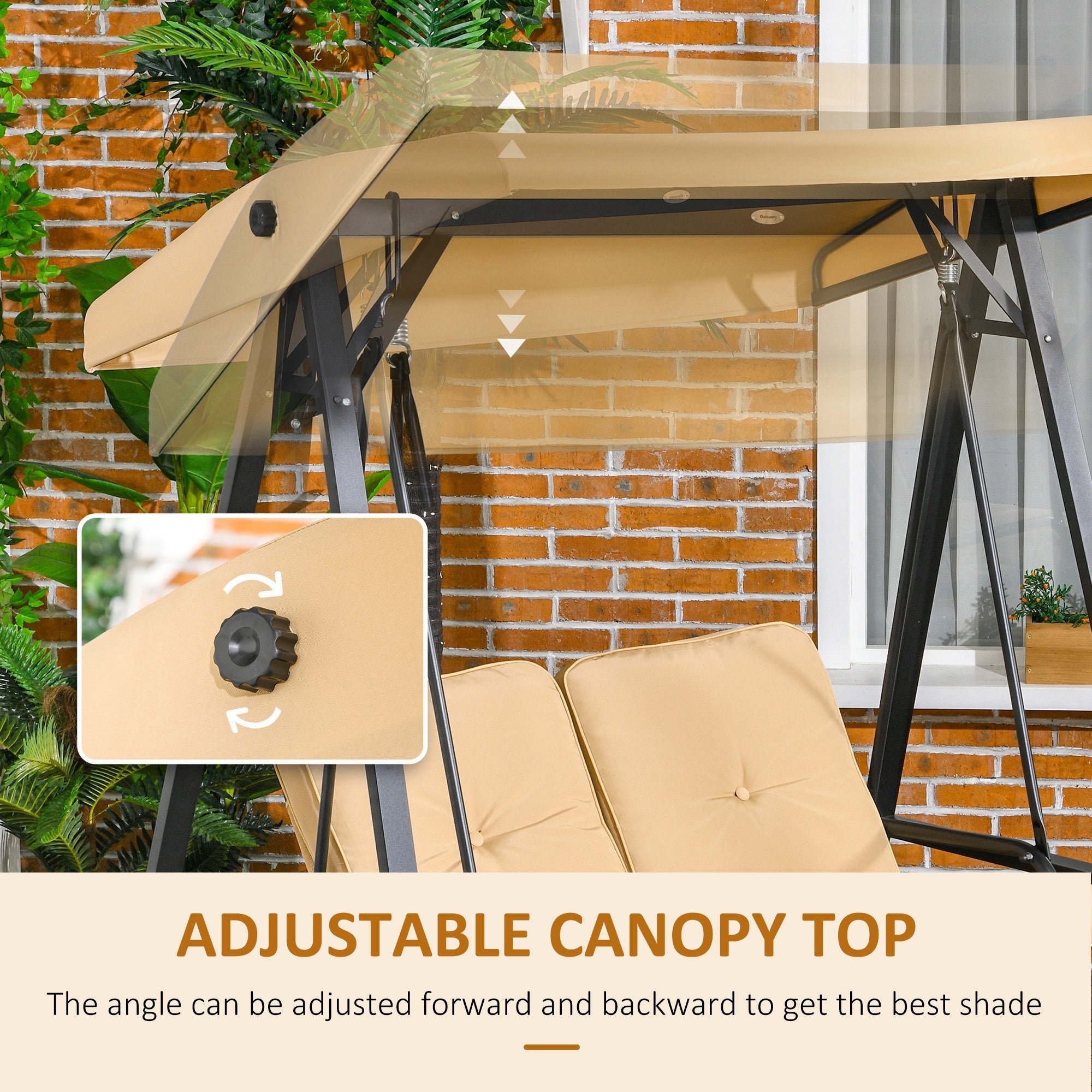 Outsunny 2-Seater Outdoor Porch Swing with Adjustable Canopy, Patio Swing Chair for Garden, Poolside, Backyard, Beige 