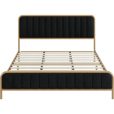 Queen Gold Metal Platform Bed Frame with Black Velvet Upholstered Headboard - Free Shipping 