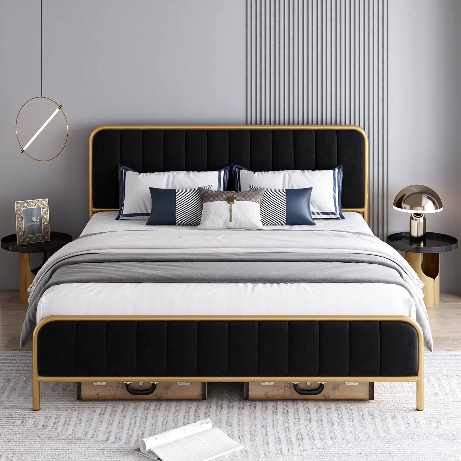 Queen Gold Metal Platform Bed Frame with Black Velvet Upholstered Headboard - Free Shipping