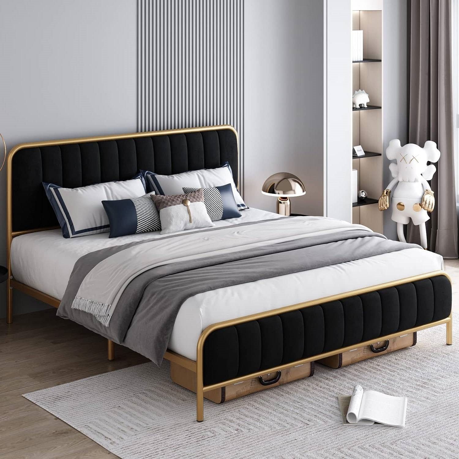 Queen Gold Metal Platform Bed Frame with Black Velvet Upholstered Headboard - Free Shipping