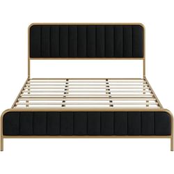 Queen Gold Metal Platform Bed Frame with Black Velvet Upholstered Headboard - Free Shipping