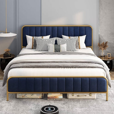 Queen Gold Metal Platform Bed Frame with Navy Blue Velvet Upholstered Headboard - Free Shipping 
