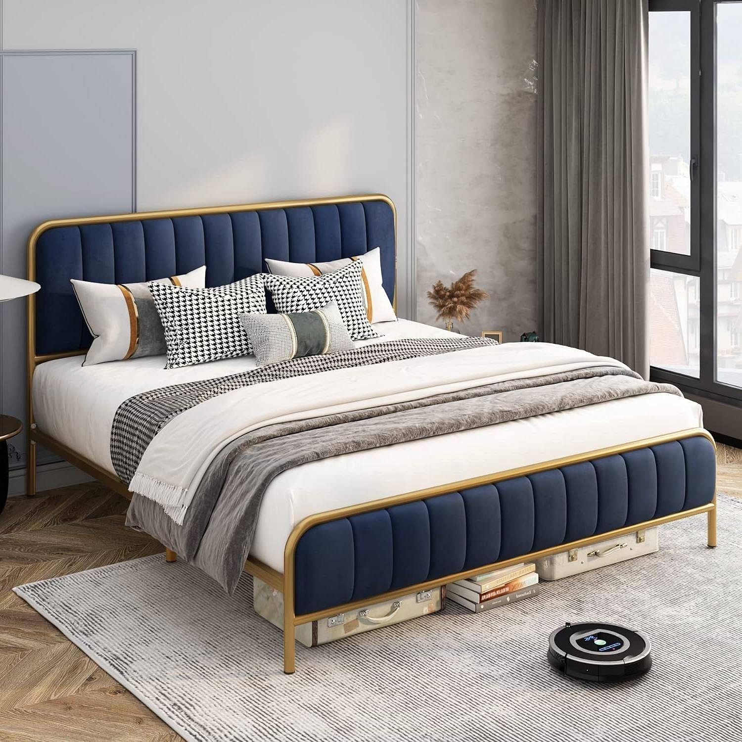 Queen Gold Metal Platform Bed Frame with Navy Blue Velvet Upholstered Headboard - Free Shipping