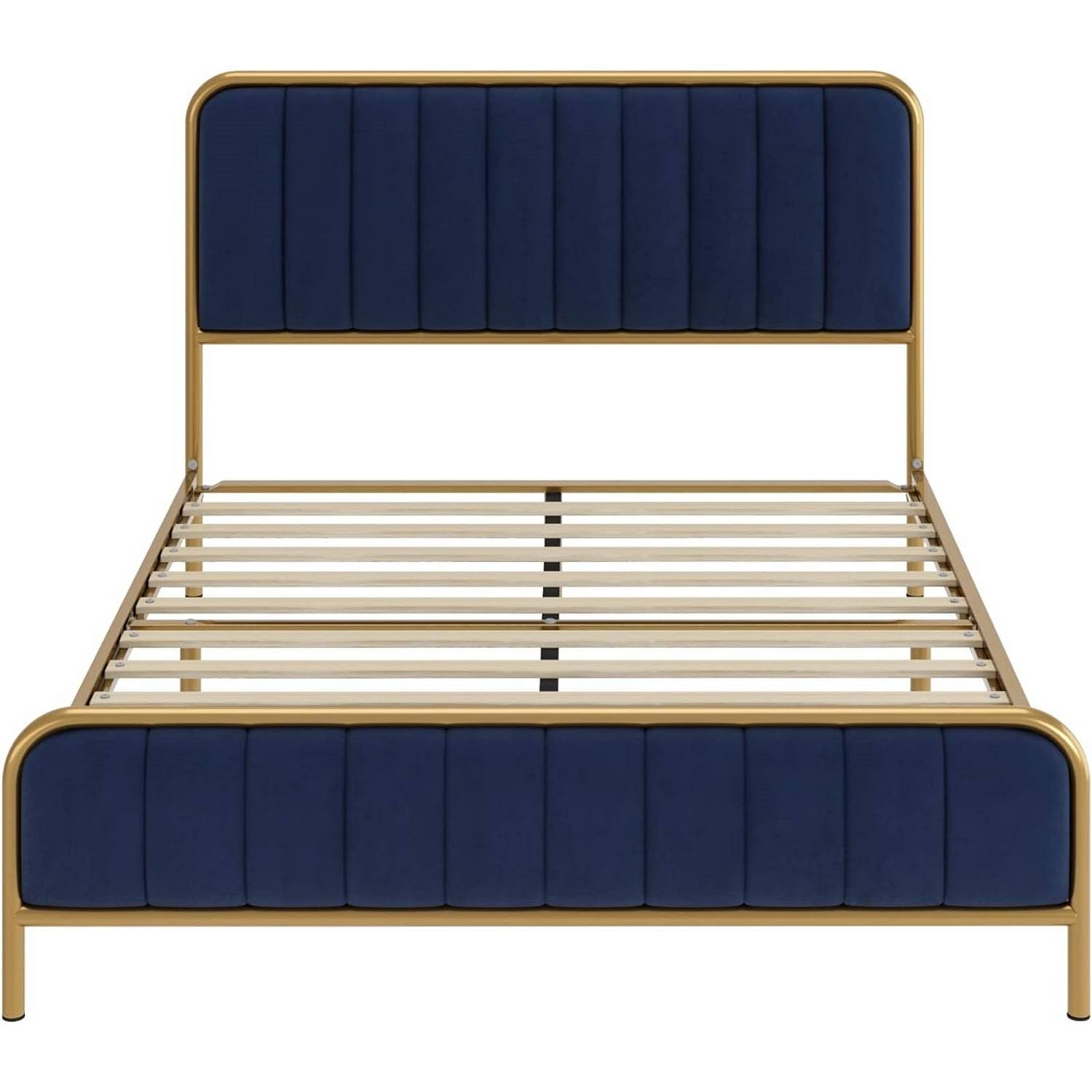 Queen Gold Metal Platform Bed Frame with Navy Blue Velvet Upholstered Headboard - Free Shipping