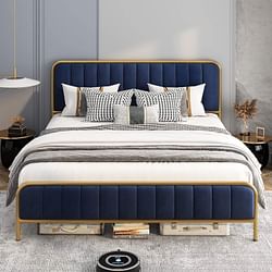 Queen Gold Metal Platform Bed Frame with Navy Blue Velvet Upholstered Headboard - Free Shipping