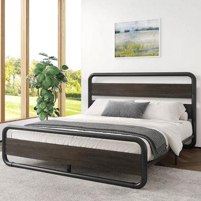 Queen Heavy Duty Round Metal Frame Platform Bed with Black Wood Panel Headboard - Free Shipping 