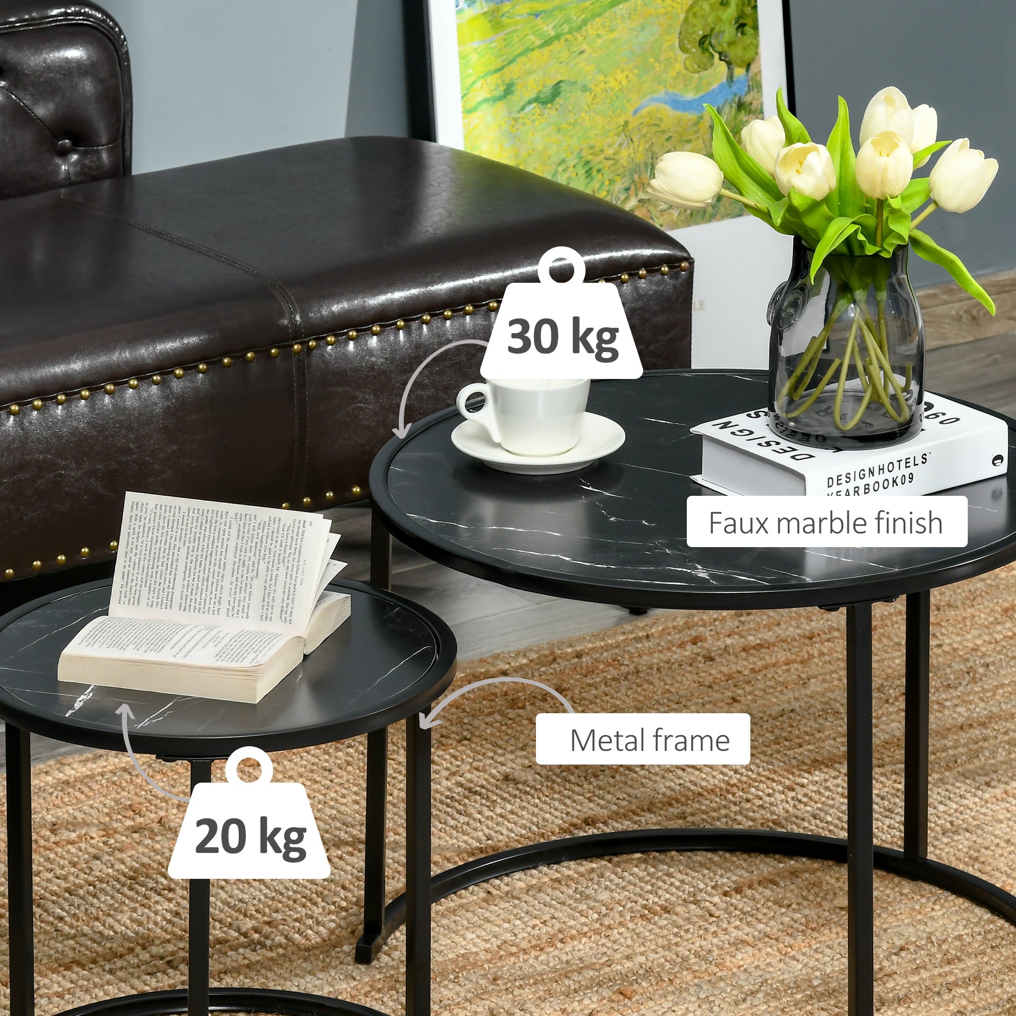 Homcom Black Nesting Coffee Tables: Round Set of 2 with Faux Marble Top & Metal Frame for Modern Style 
