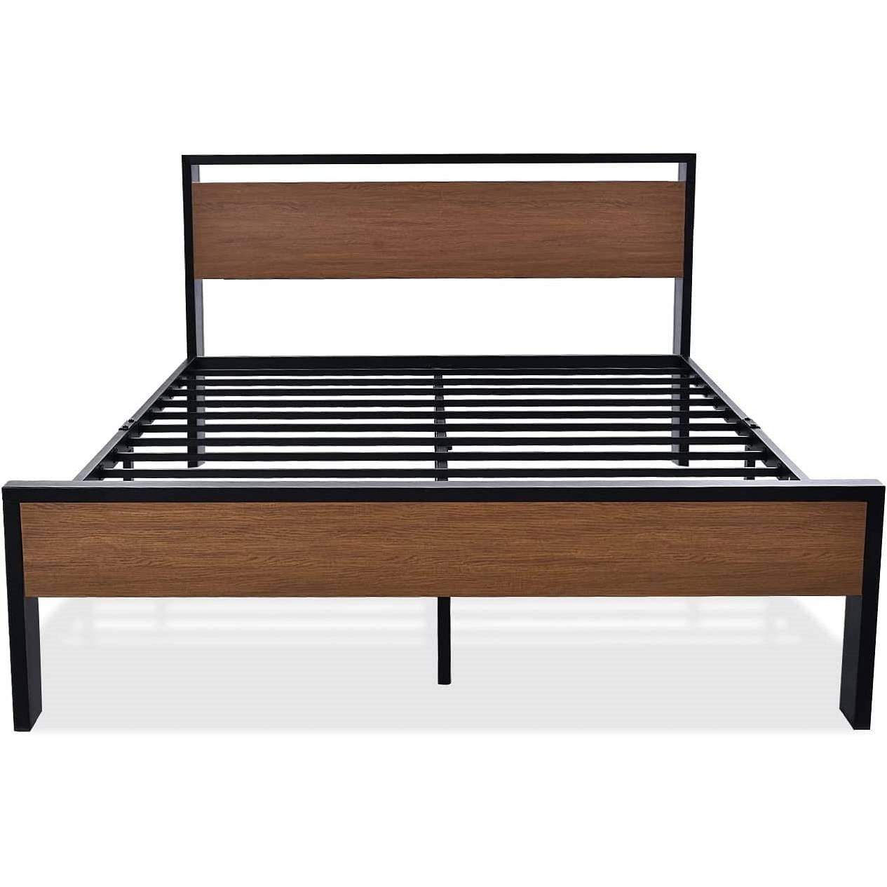 Queen Metal Platform Bed with Walnut Finish Wood Panel Headboard Footboard - Free Shipping