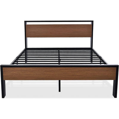Queen Metal Platform Bed with Walnut Finish Wood Panel Headboard Footboard - Free Shipping 