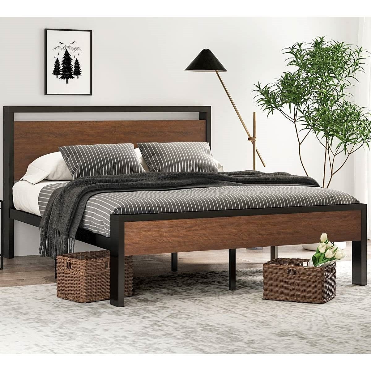 Queen Metal Platform Bed with Walnut Finish Wood Panel Headboard Footboard - Free Shipping