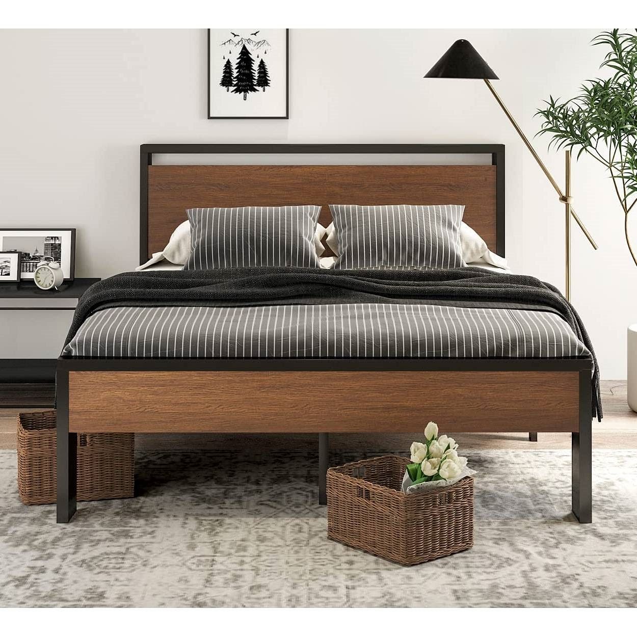 Queen Metal Platform Bed with Walnut Finish Wood Panel Headboard Footboard - Free Shipping