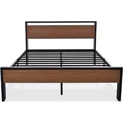 Queen Metal Platform Bed with Walnut Finish Wood Panel Headboard Footboard - Free Shipping