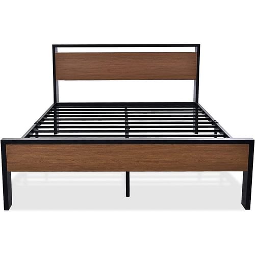 Queen Metal Platform Bed with Walnut Finish Wood Panel Headboard Footboard - Free Shipping