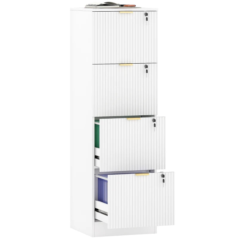 Lockable Filing Cabinet with 4 Fluted Drawers, File Cabinet with Adjustable Hanging Rails for A4 Letter Files, White