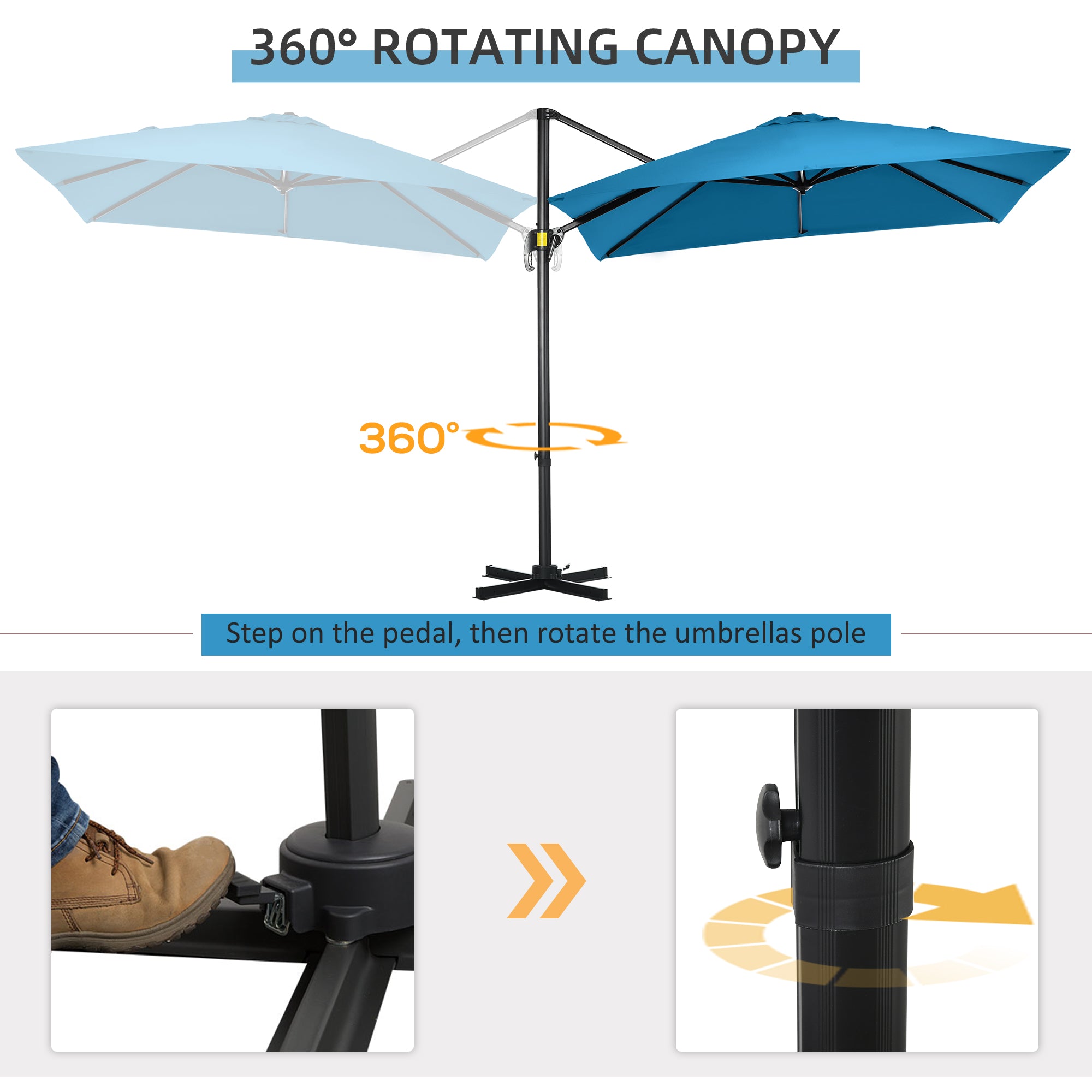 Outsunny 8' x 8' Square Patio Hanging Offset Umbrella with 360° Rotation, Aluminum Outdoor Cantilever Market Parasol, Turquoise 