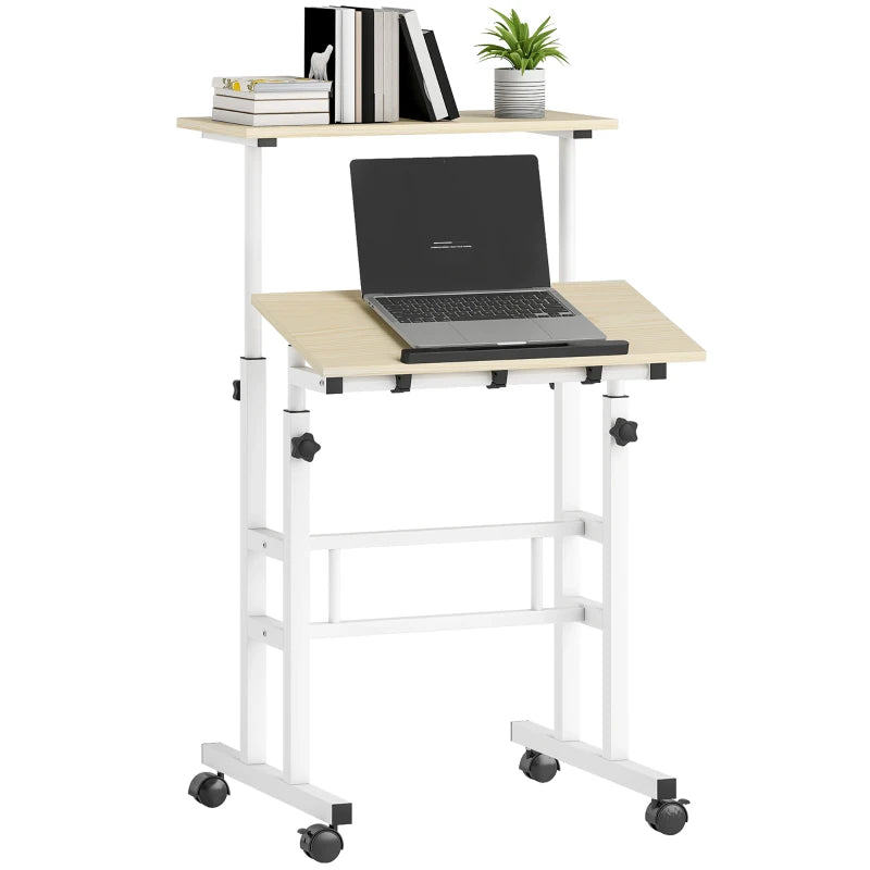 Stand Up Desk, Height & Angle Adjustable Computer Desk with Wheels for Standing or Sitting, Laptop Table, Natural