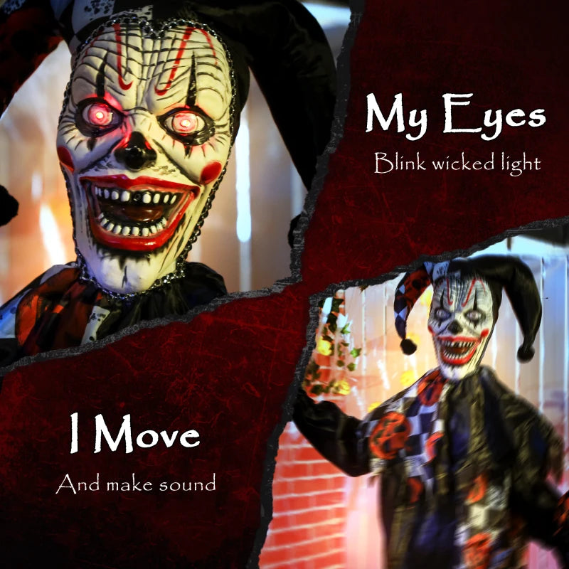 Outsunny 5ft Life-Size Animated Clown – Red Light-Up Eyes, Sound Activated, Battery Operated Halloween Decoration 