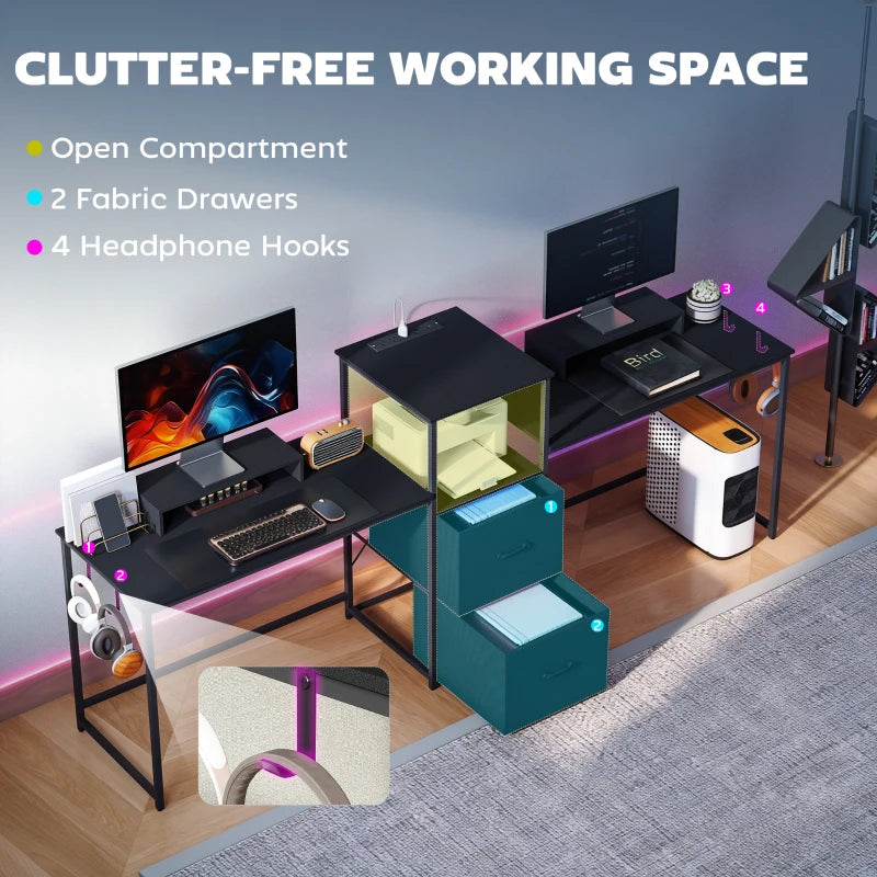 96 Inch Gaming Desk, Dual Computer Desk for 2 Person with Power Outlets and Monitor Stands, Black