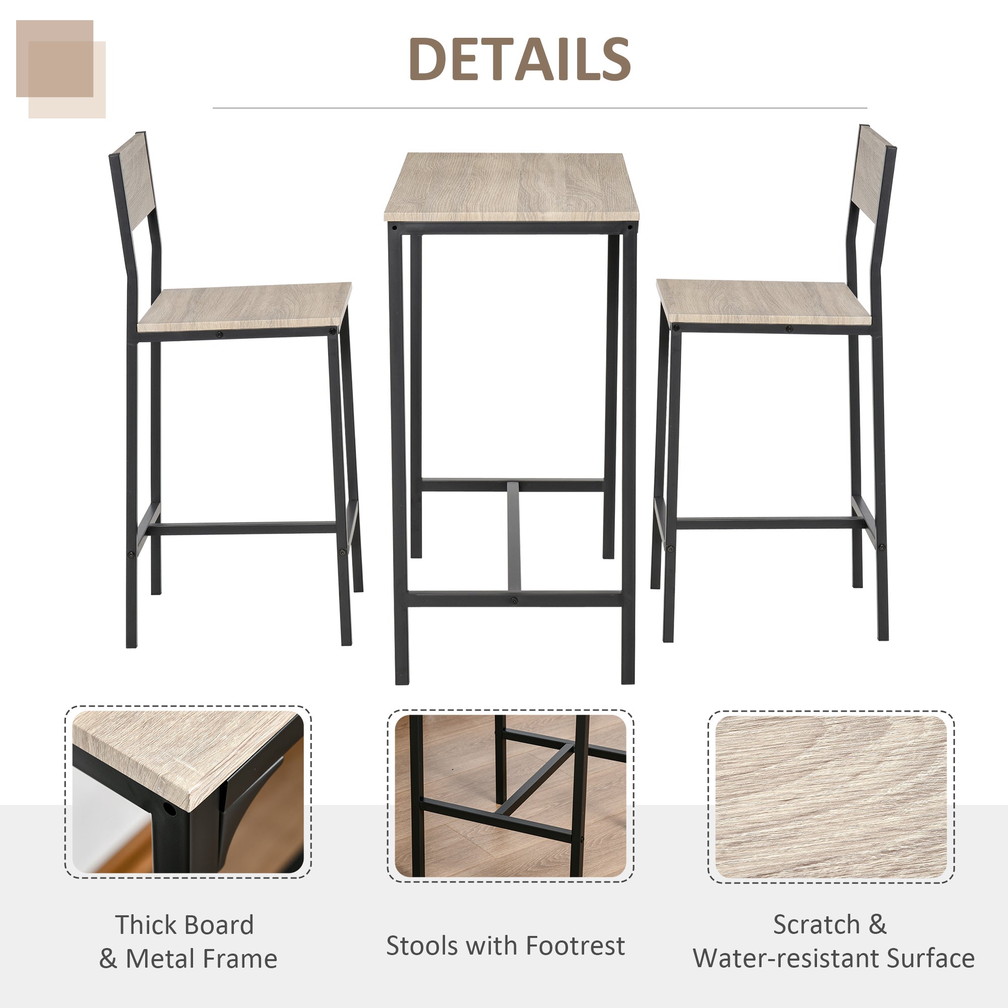 HOMCOM Industrial 3 Piece Dining Set Counter Height Table and High Back Stools for Small Spaces 