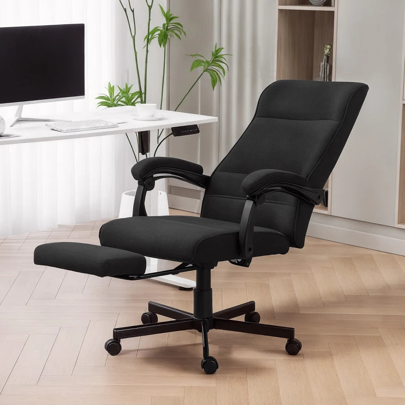 Office Chair, Linen High Back Desk Chair, Swivel Recliner with Adjustable Height, Footrest and Padded Armrest, Black