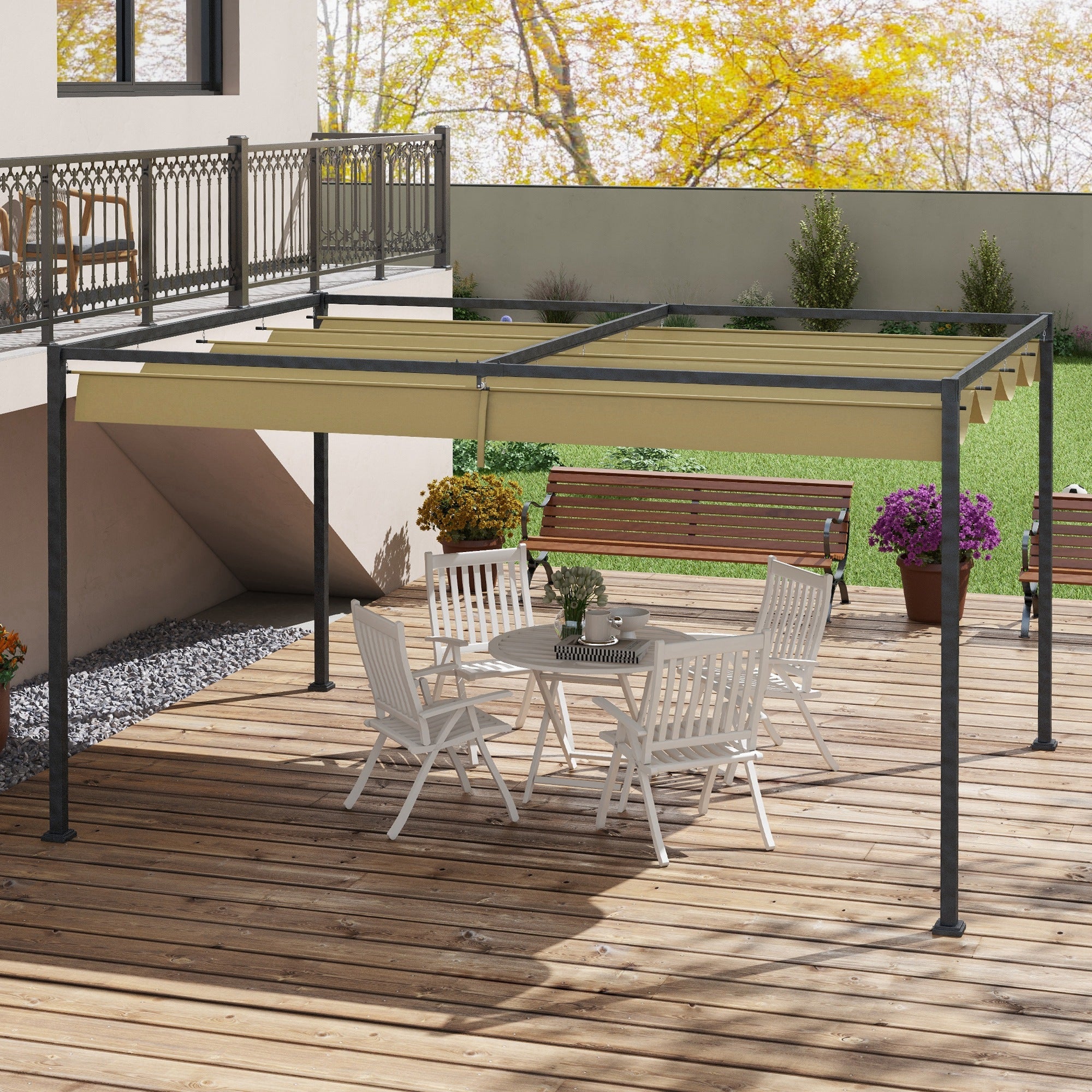Outsunny 13' x 10' Patio Pergola with Retractable Canopy, Outdoor Sun Shelter, Yard Shade, Khaki 