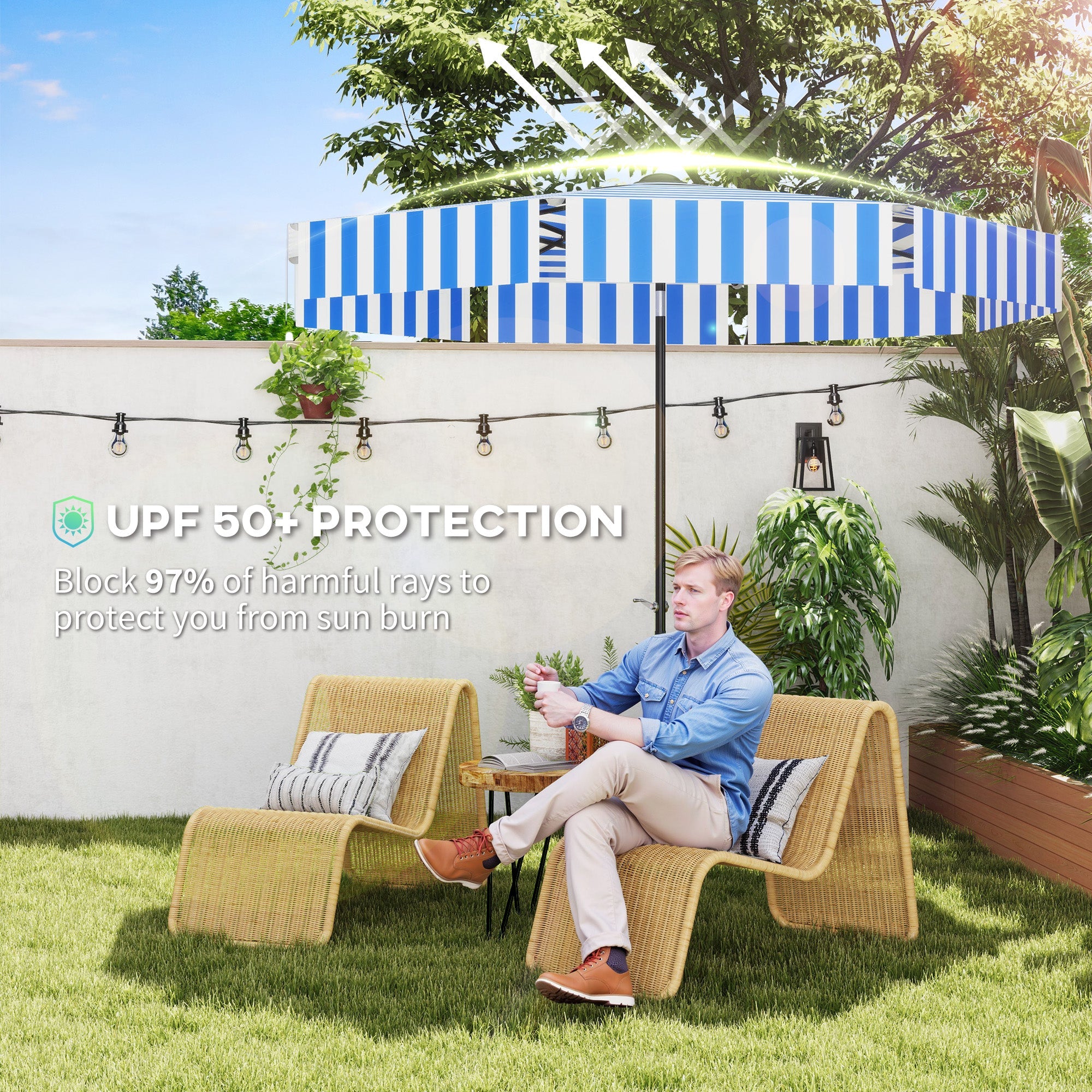 Outsunny 8.7FT Tilting Patio Umbrella with 8 Ribs, Crank Handle, Air Vent for Outdoor, Garden and Pool, Navy Blue 