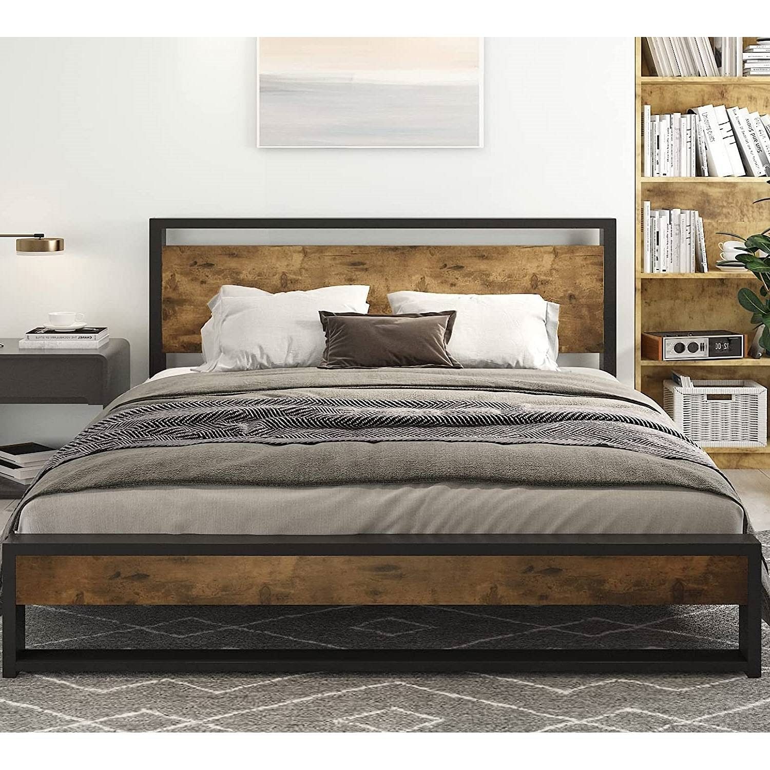 Queen Modern Farmhouse Platform Bed Frame with Wood Panel Headboard Footboard - Free Shipping