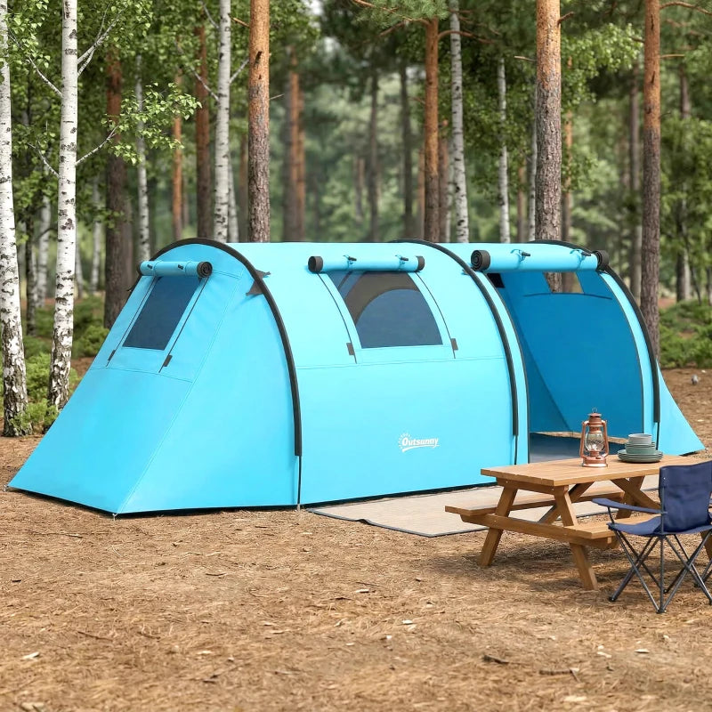 Outsunny 3-4 Person Camping Tent with 2 Rooms, 3000mm Waterproof Family Tunnel Tent with Carry Bag – Sky Blue