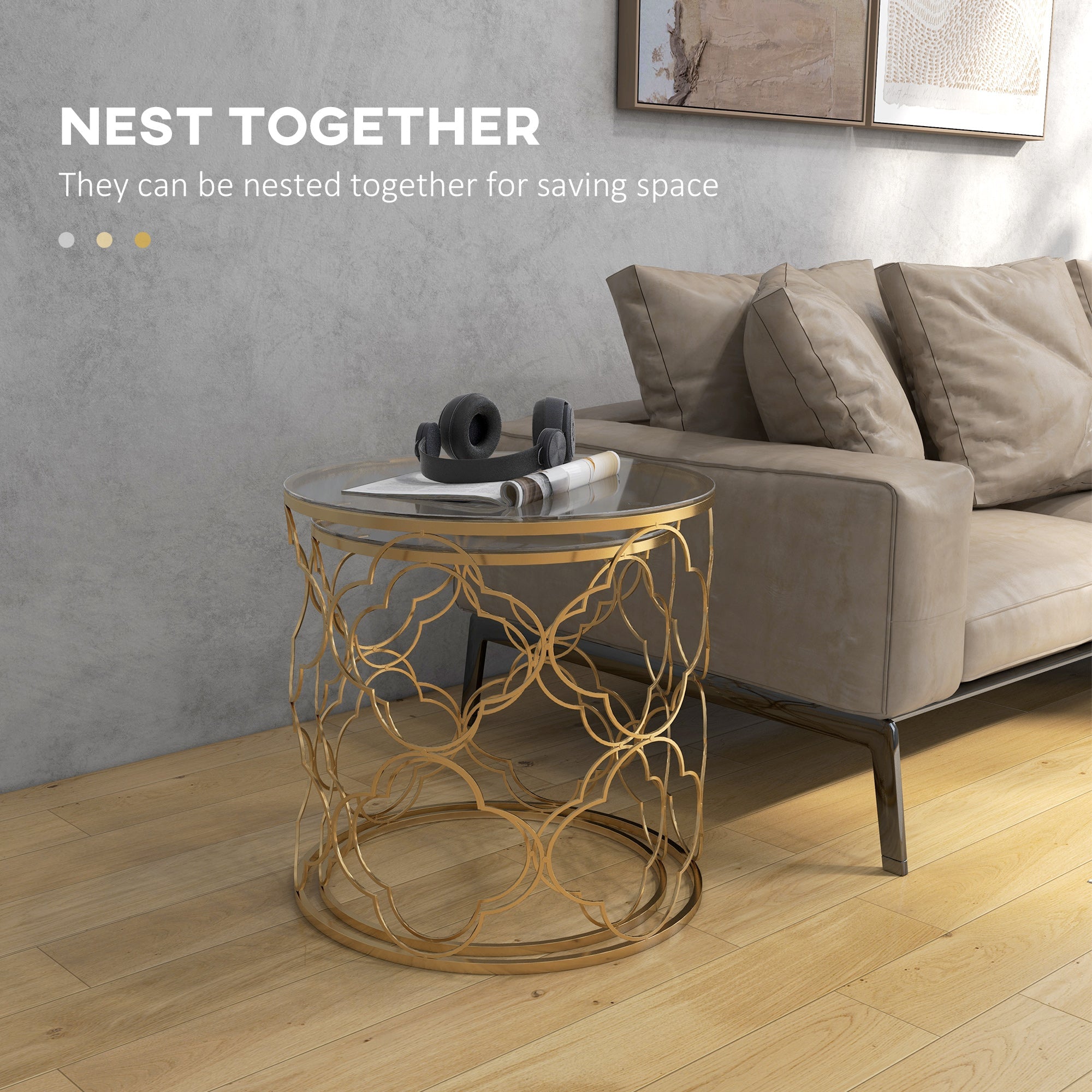 Homcom Gold Nesting End Tables: Elegant Set of 2 with Tempered Glass Top for Modern Living Room Decor 