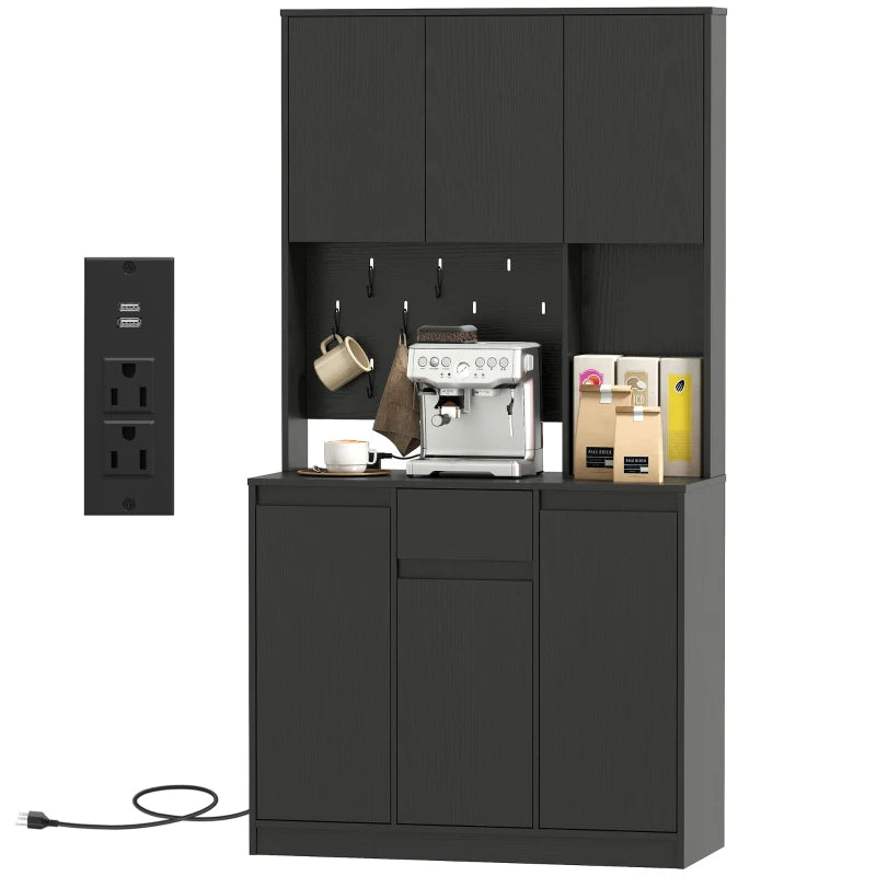 71" Pantry Cabinet with Charging Station, Kitchen Storage Cabinet with Microwave Stand, Pegboard, 6 S-hooks, Black