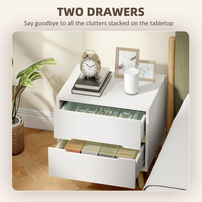 Nightstands Set of 2, Bedside Table with 2 Drawers, Modern Side End Table with Solid  Wood Legs for Bedroom, White