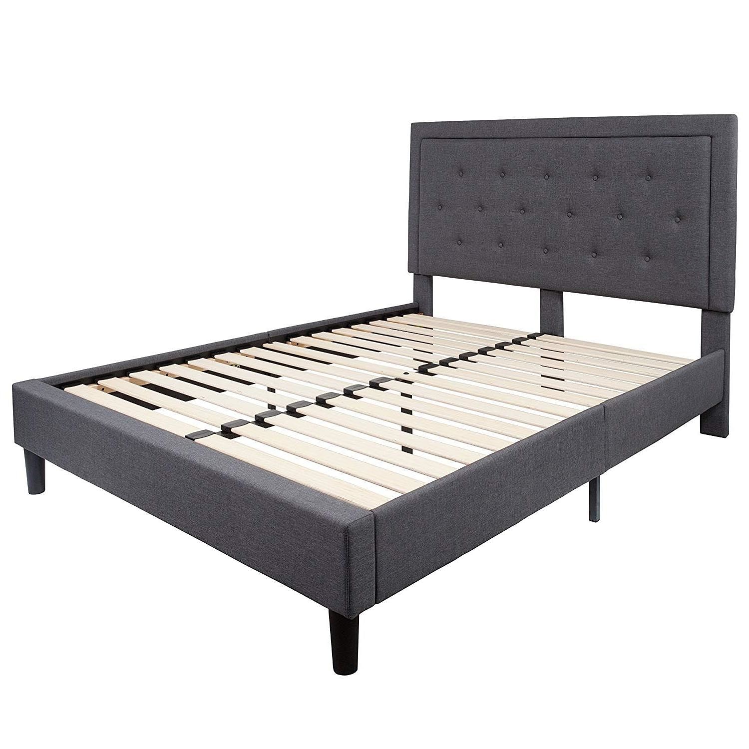 Queen size Dark Gray Fabric Upholstered Platform Bed Frame with Headboard - Free Shipping