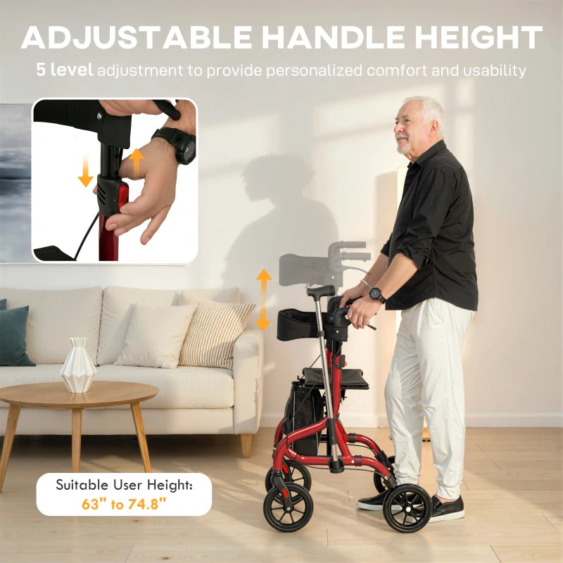Foldable Rollator Walker with Seat for Seniors, Lightweight Rolling Walker with Adjustable Handles, Red