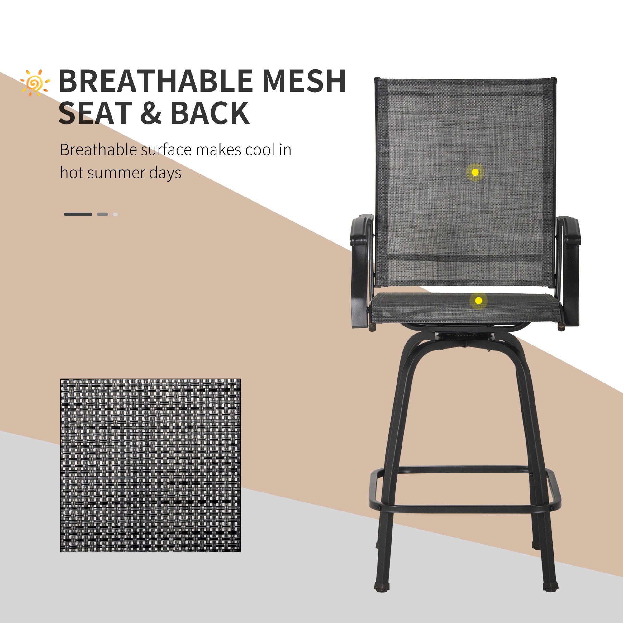 Outsunny 3 Piece Outdoor Patio Bar Set  2 Swivel Stool and 1 Bistro Table  All-Weather  Metal Frame for Balcony  Backyard  Deck  Grey 