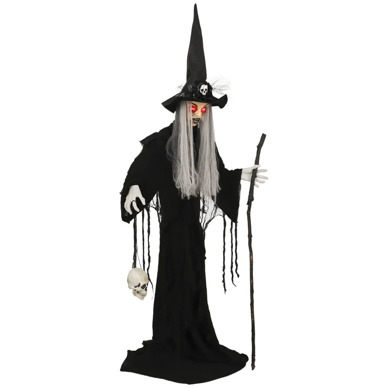 Outsunny 5ft Life-Size Animated Standing Witch – Voice & Sound Activated, Moving Head & Flashing Eyes, Indoor Halloween Prop 