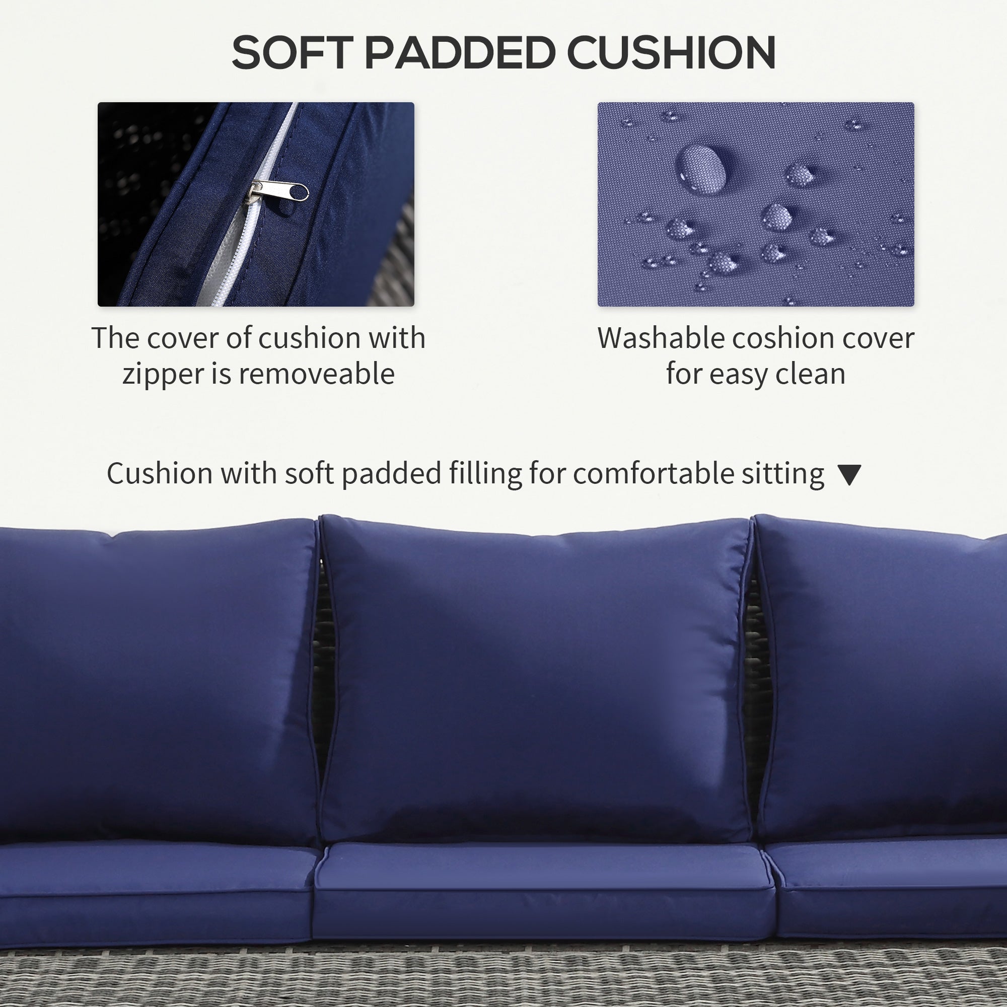 Outsunny 6 Piece Patio Furniture Set, Rattan Wicker Patio Sofa Set Sectional Outdoor Conversation Sofa Set Storage Table & Cushions, Navy Blue 