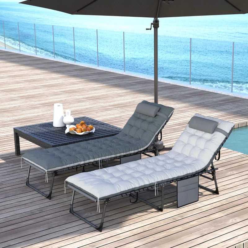 Outdoor Lounge Chair Set of 2, Folding Chaise Lounge Tanning Chair with Cushion, Side Pocket, Grey