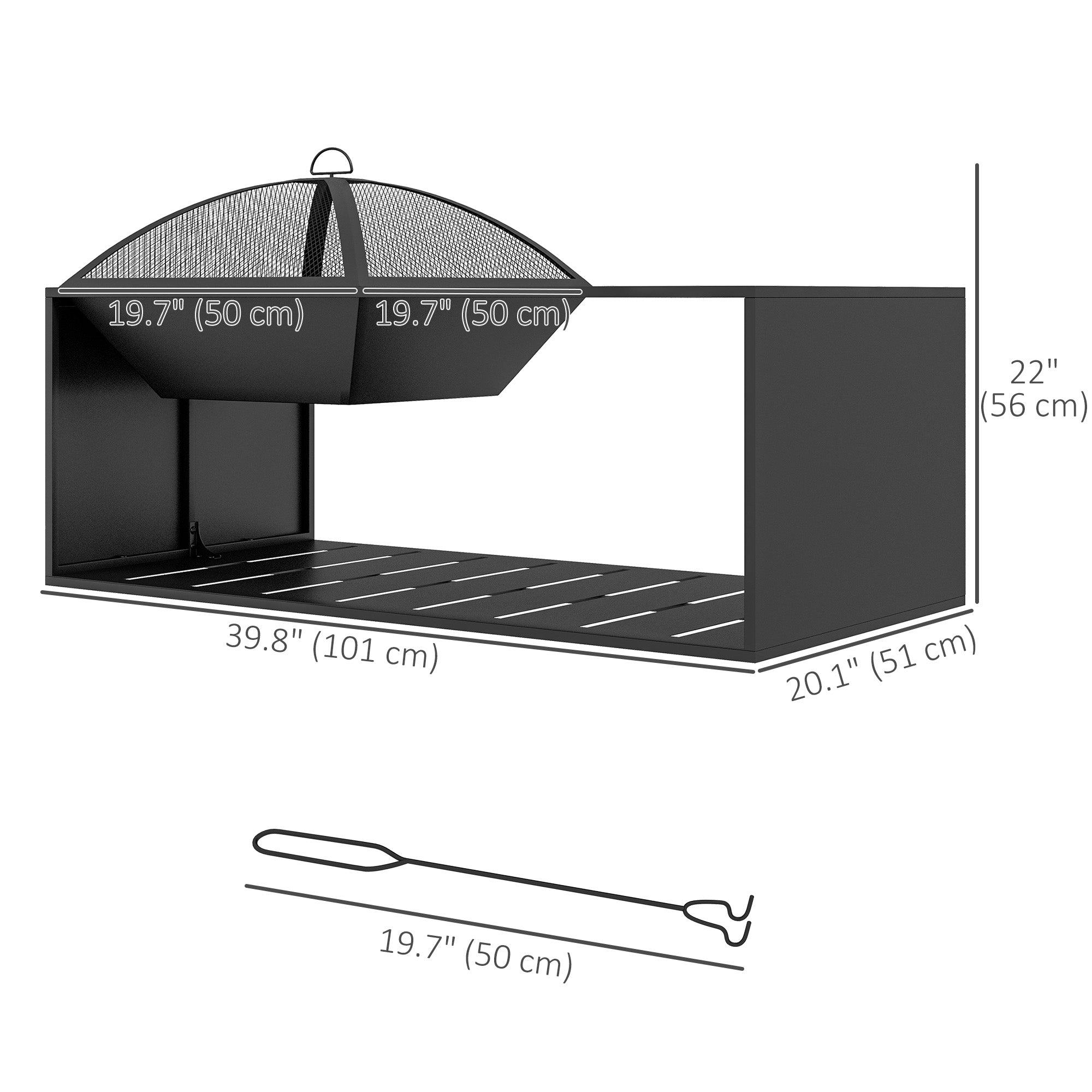 Outsunny Fire Pit Coffee Table with Storage Shelf, Wood-burning Firepit with Spark Screen and Poker, Black 