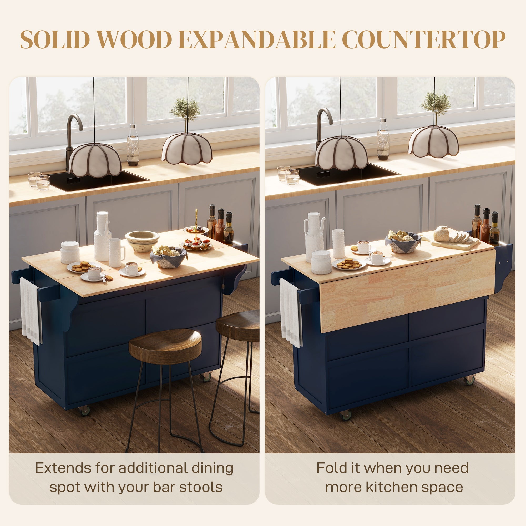 HOMCOM Kitchen Island with Storage, Rolling Kitchen Island with Drop Leaf, Rubber Wood Top and Adjustable Shelves, Navy Blue 