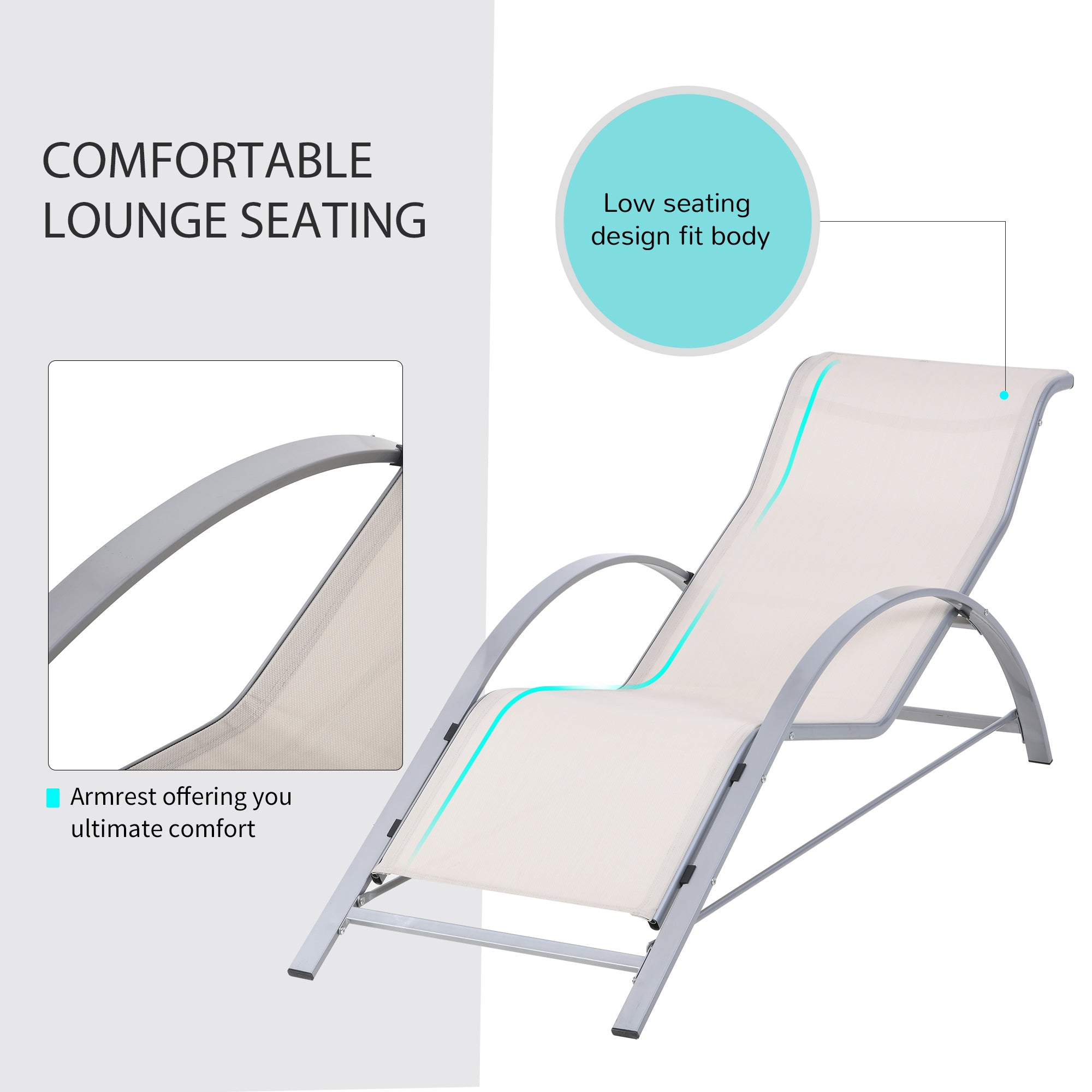 Outsunny 3 Pieces Patio Lounge Chair Set Outdoor Sunbathing Chair with Table for Yard Garden, Cream White 